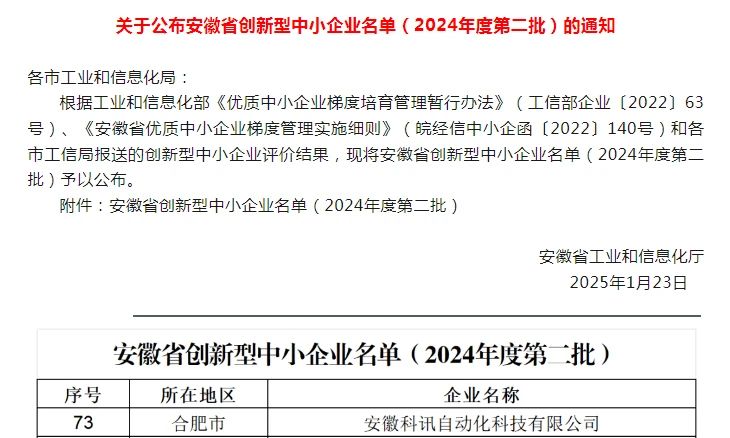 祝贺!科讯智造入选安徽省创新型中小企业!